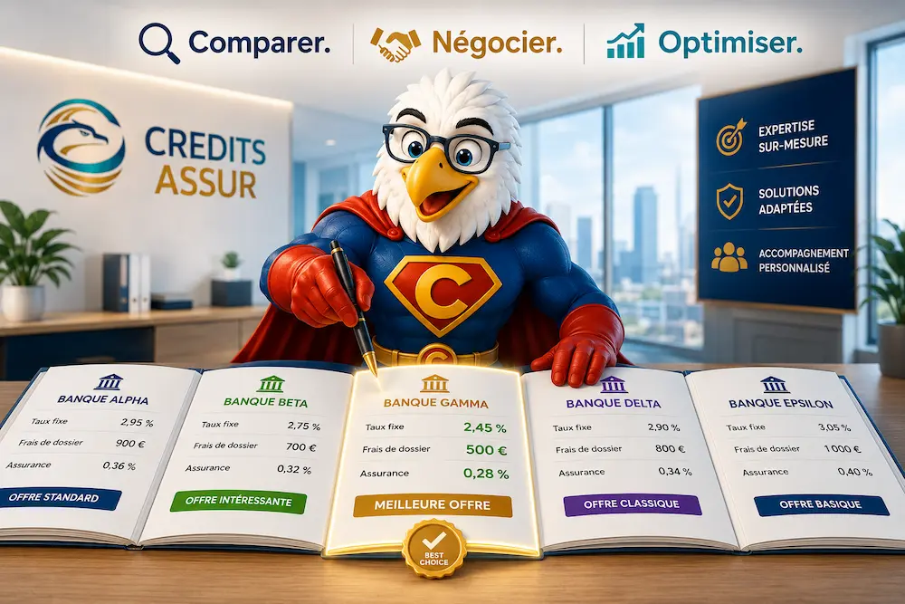 Mascotte CREDITS ASSUR comparant plusieurs offres bancaires afin de sélectionner la meilleure solution de financement pour son client.
