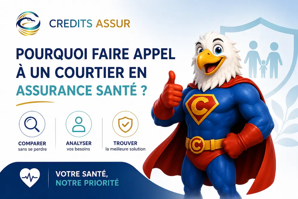 Mascotte CREDITS ASSUR présentant les avantages de faire appel à un courtier en assurance santé pour comparer les garanties et trouver une complémentaire santé adaptée.