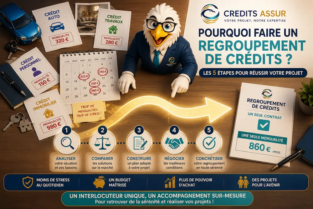 Mascotte CREDITS ASSUR guidant un emprunteur à travers les 5 étapes d’un regroupement de crédits pour transformer plusieurs mensualités en un seul remboursement adapté.