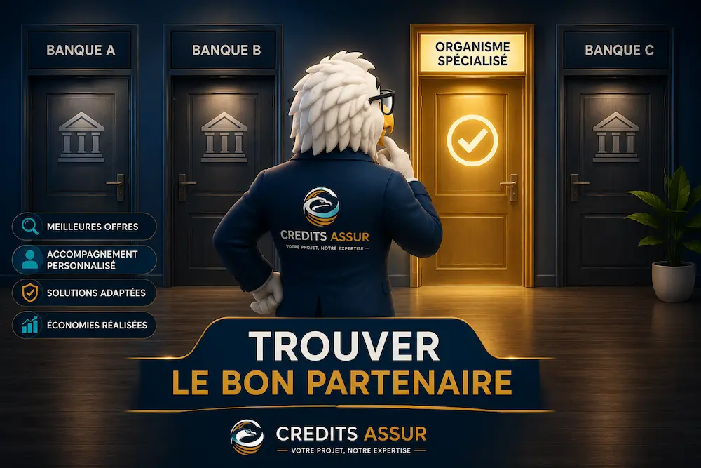 Mascotte CREDITS ASSUR devant plusieurs organismes financiers sélectionnant le partenaire le plus adapté pour un projet de regroupement de crédits.