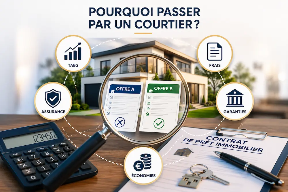 Comparaison de deux offres de crédit immobilier à l'aide d'une loupe mettant en évidence le TAEG, l'assurance, les garanties, les frais et les économies potentielles.