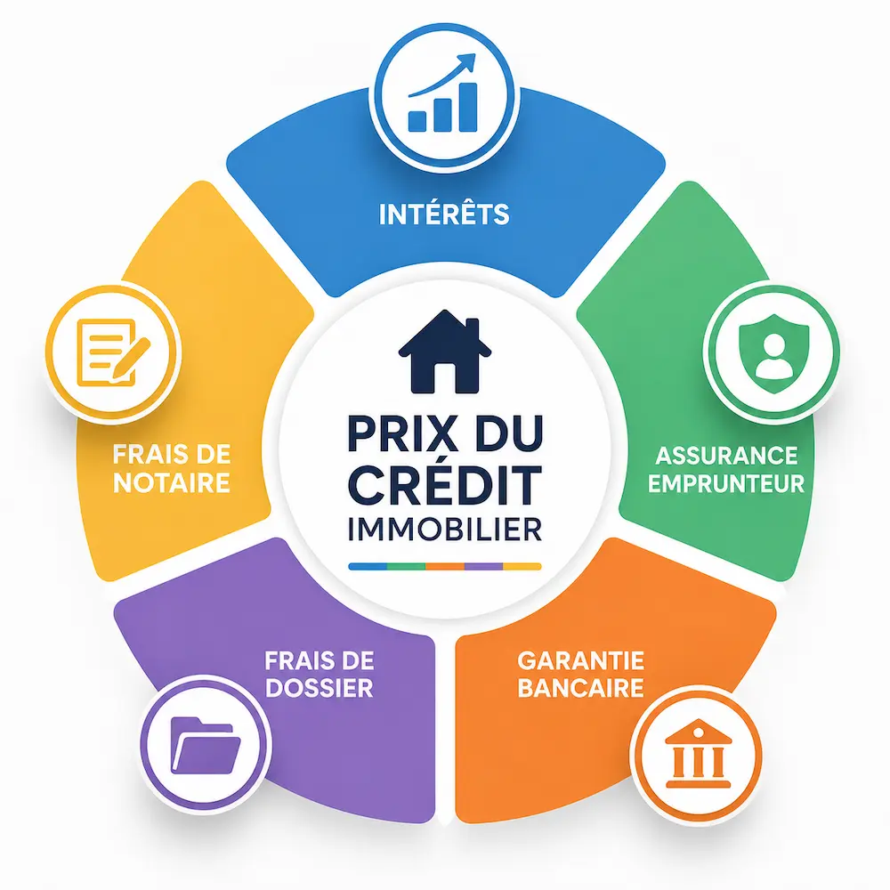 Infographie circulaire présentant les différents éléments qui composent le coût d'un crédit immobilier : intérêts, assurance emprunteur, frais de notaire, garantie bancaire et frais de dossier.