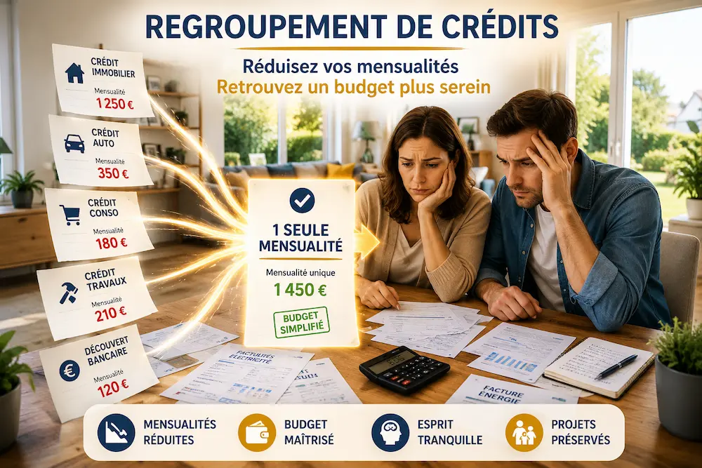 regroupement-credits-reduire-mensualites. Couple analysant plusieurs crédits avant un regroupement de crédits permettant de réduire les mensualités et retrouver un budget équilibré.