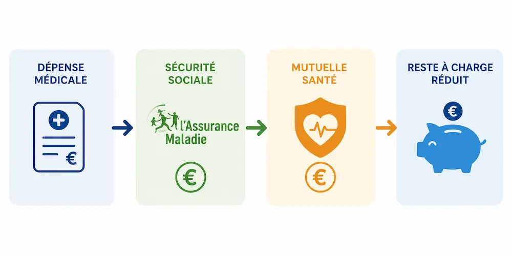Schéma expliquant le remboursement santé entre Sécurité sociale mutuelle et reste à charge