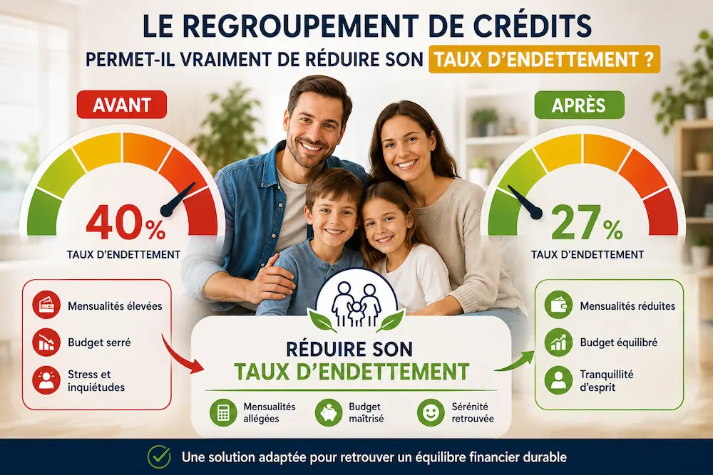 Illustration montrant la réduction du taux d'endettement grâce à un regroupement de crédits, avec passage de 40 % à 27 % et amélioration du budget familial.