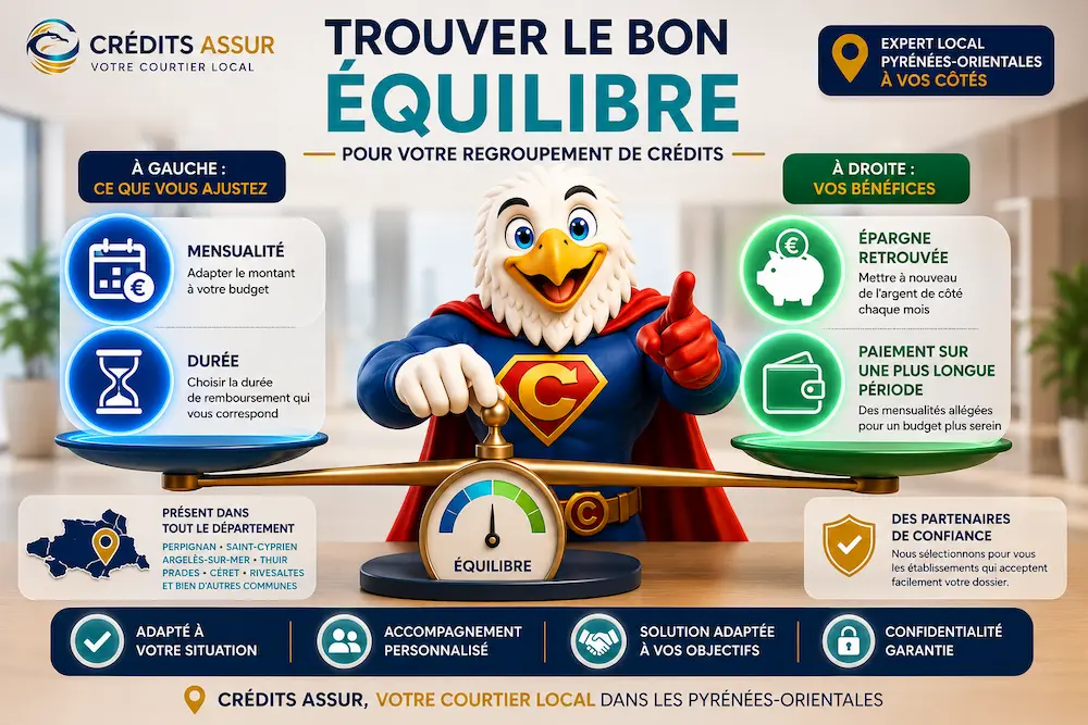 Mascotte CREDITS ASSUR ajustant une balance entre mensualité et durée de remboursement afin d’optimiser le coût total et le confort budgétaire d’un regroupement de crédits.