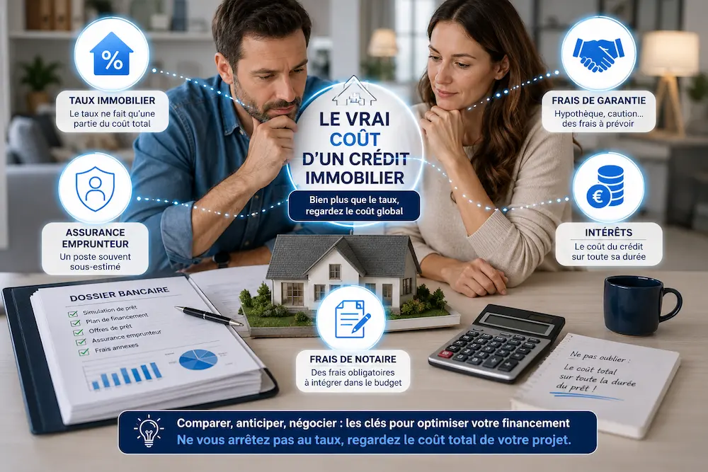 Illustration du coût réel d'un crédit immobilier montrant les différents éléments du financement : taux immobilier, assurance emprunteur, frais de notaire, frais de garantie et intérêts.
