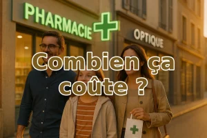 Coût d’une mutuelle pour auto-entrepreneur — budget santé illustré près d’une pharmacie