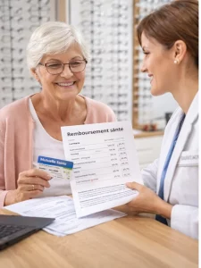 Senior en optique échangeant avec un professionnel sur son remboursement mutuelle santé senior après 60 ans