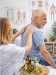 Senior recevant un soin d’ostéopathie illustrant les garanties d’une mutuelle santé senior après 60 ans
