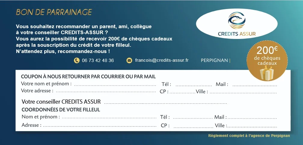 Bon de parrainage courtier crédit immobilier Credits Assur avec offre 200€ chèques cadeaux