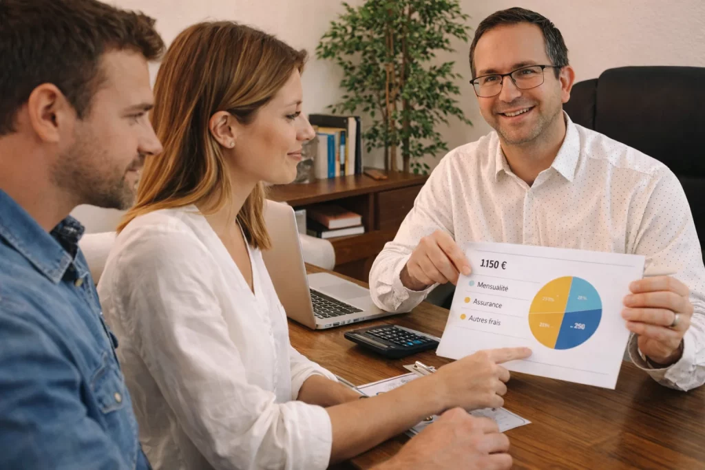Couple rencontrant un conseiller CREDITS ASSUR pour simuler leur prêt immobilier et définir leur budget