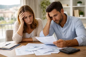 couple en difficulté financière étudiant ses factures avant un rachat de crédit à Perpignan