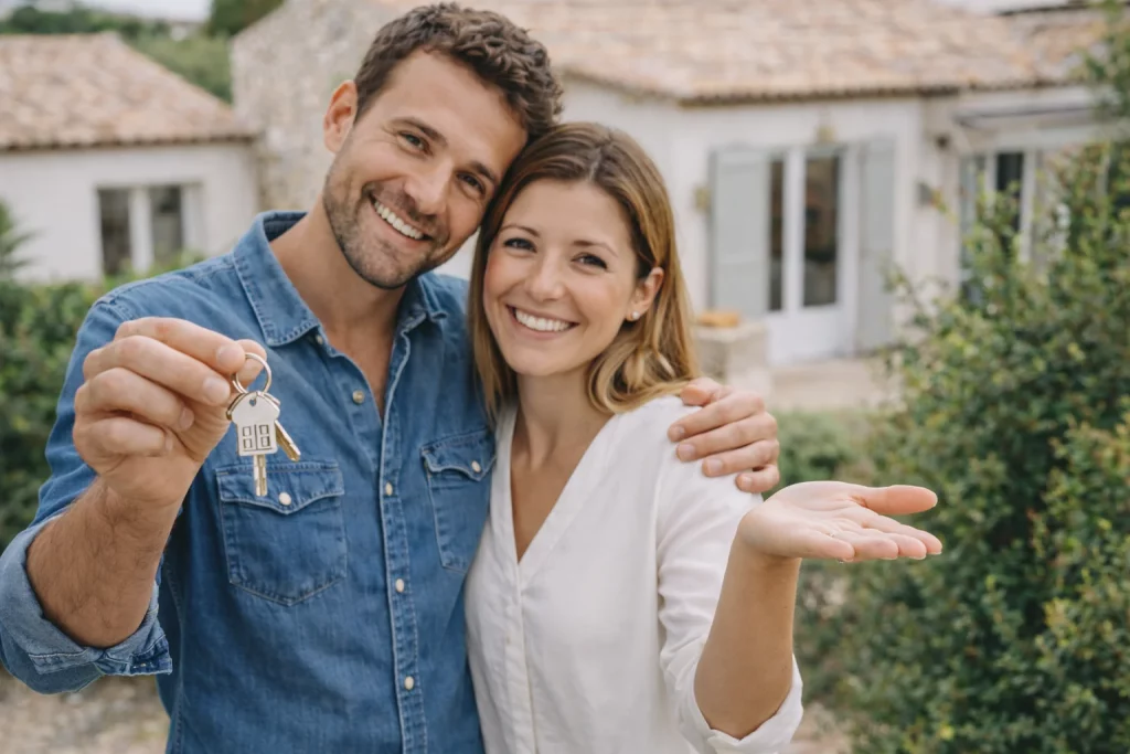 Couple heureux devant leur nouvelle maison montrant les clés après obtention de leur prêt immobilier