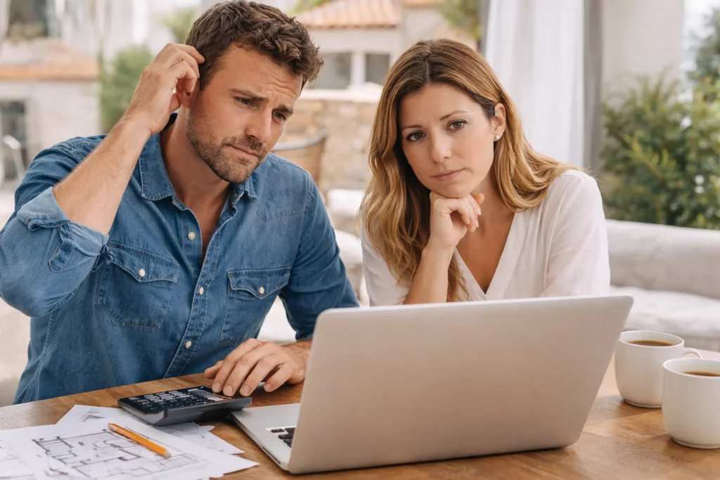 Couple réfléchissant à son budget immobilier devant un ordinateur avant une simulation de prêt