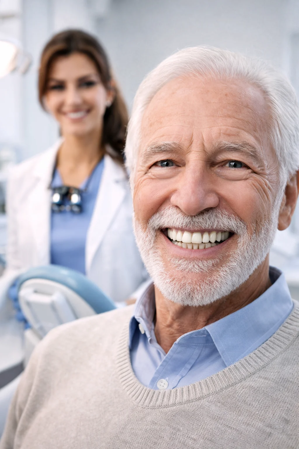 Patient qui sourit après la pause de ses implants financés à crédits