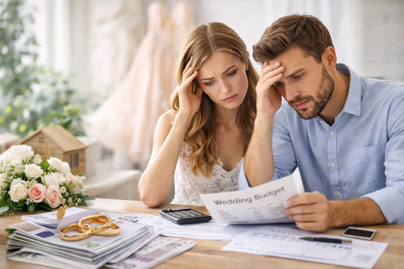 couple inquiet face au budget de leur mariage cherchant une solution de financement avec un regroupement de crédits