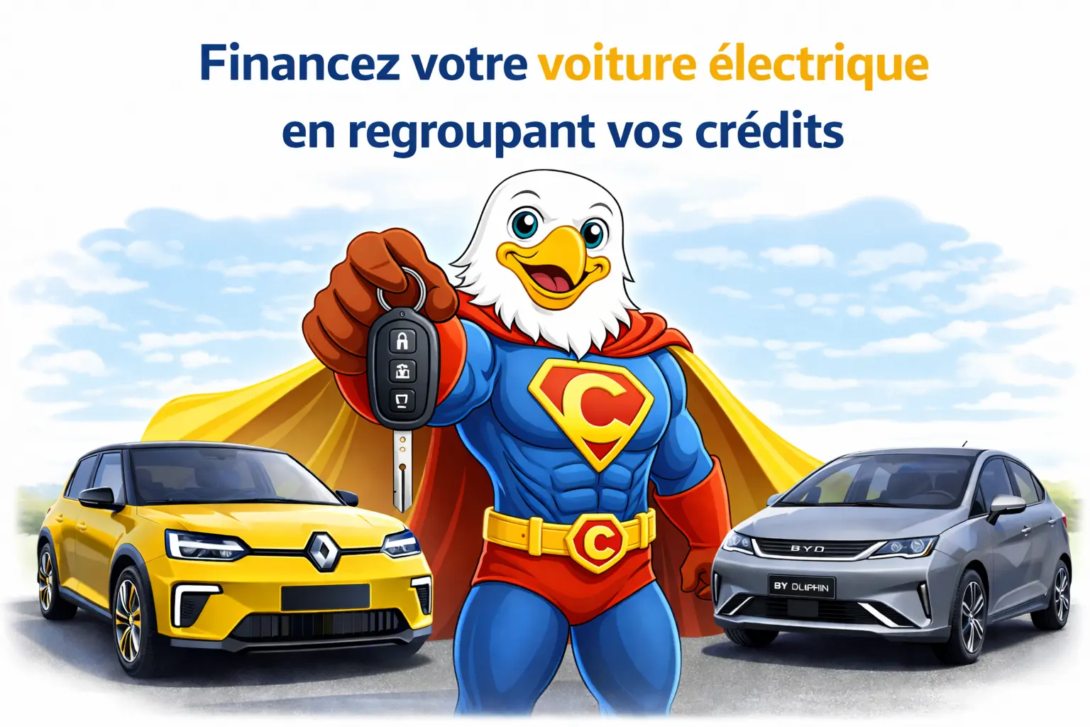 mascotte credits assur super heros proposant financement voiture electrique avec regroupement de credits
