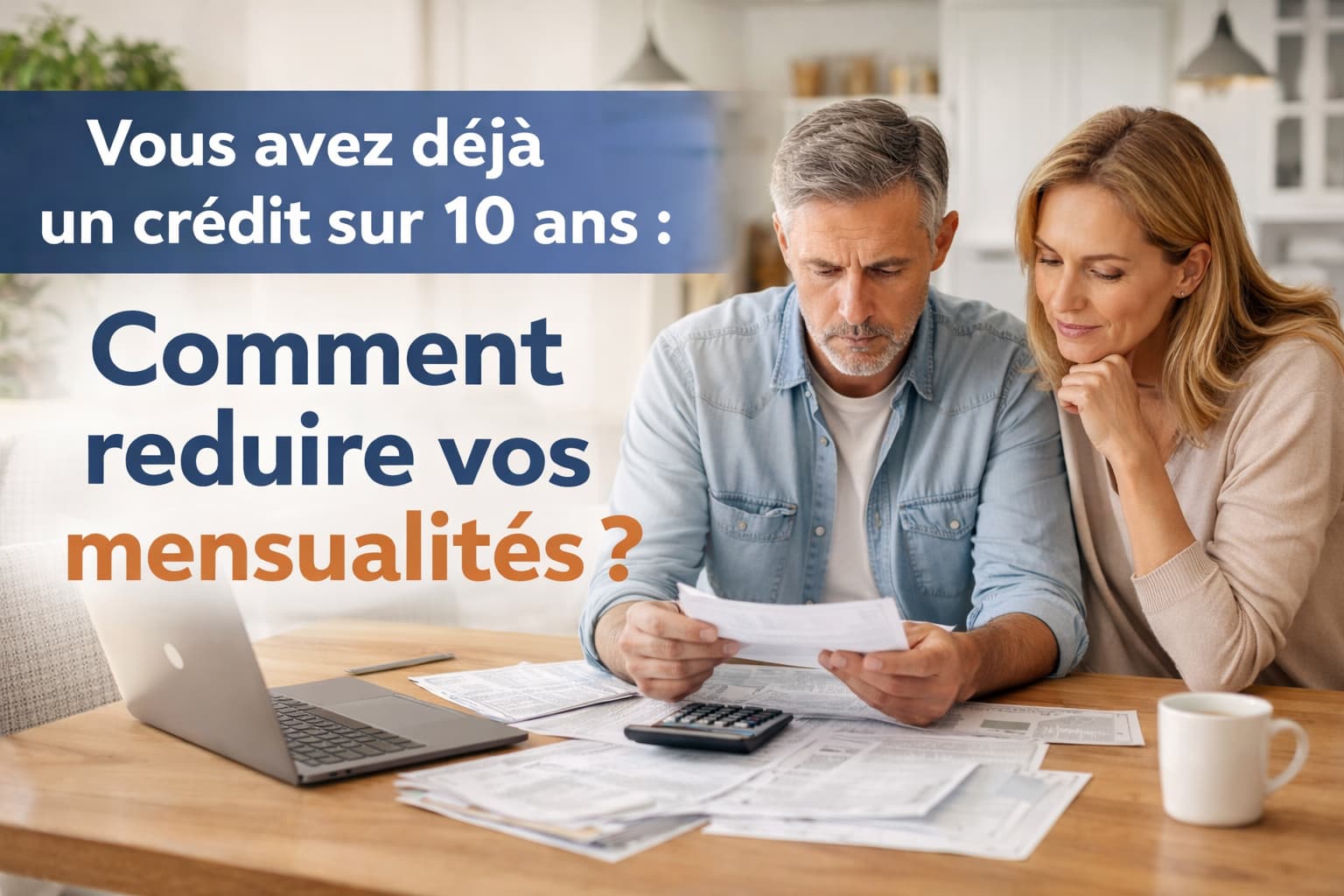 Couple analysant ses finances pour reduire ses mensualites apres un credit sur 10 ans grace a un regroupement de credits